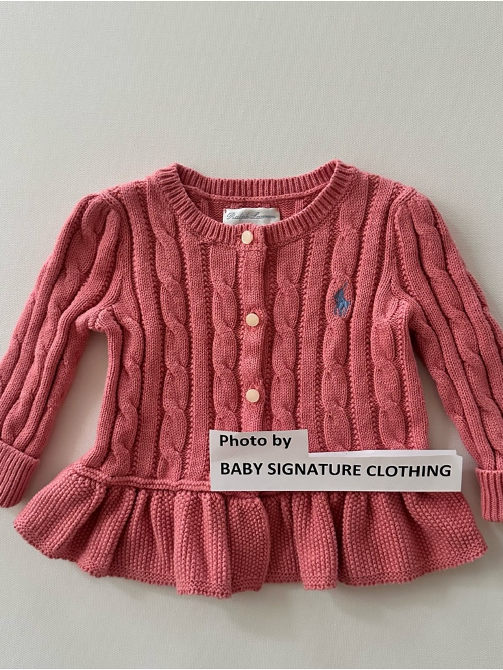 Ralph Lauren 9 Months Baby Girl Pink Cable Cotton Peplum Cardigan Sweater